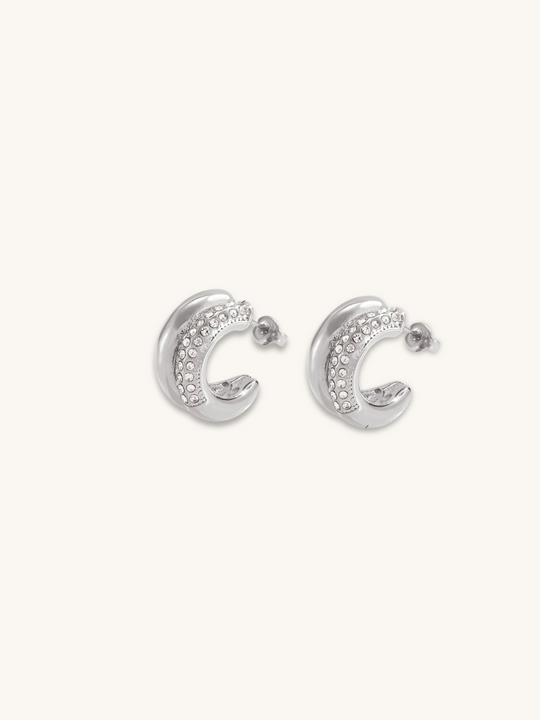 Silver Pavé Crescent Huggies